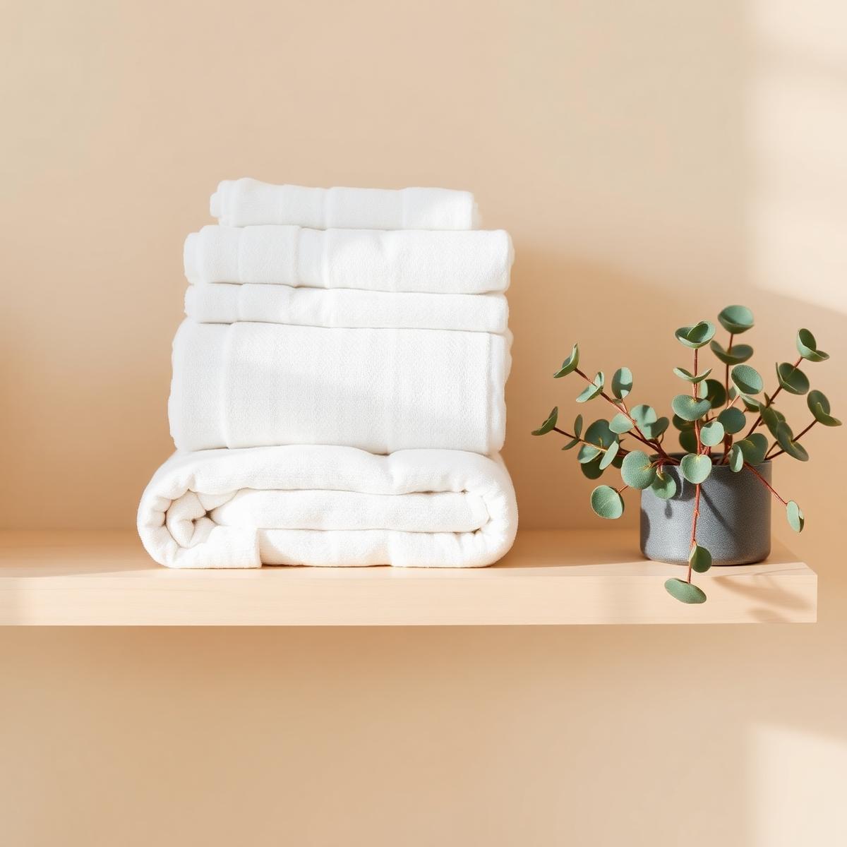 Folded white towels on a wooden shelf
